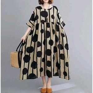 Womens Dress One Size Large Black Tan Dot Print Short Sleeve Pockets Relaxed